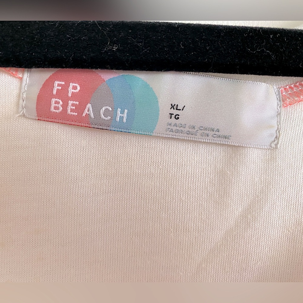 Free People Beach Long V-Neck Tee Cream with Purple Stripes & Rolled Sleeves -XL - Picture 4 of 4
